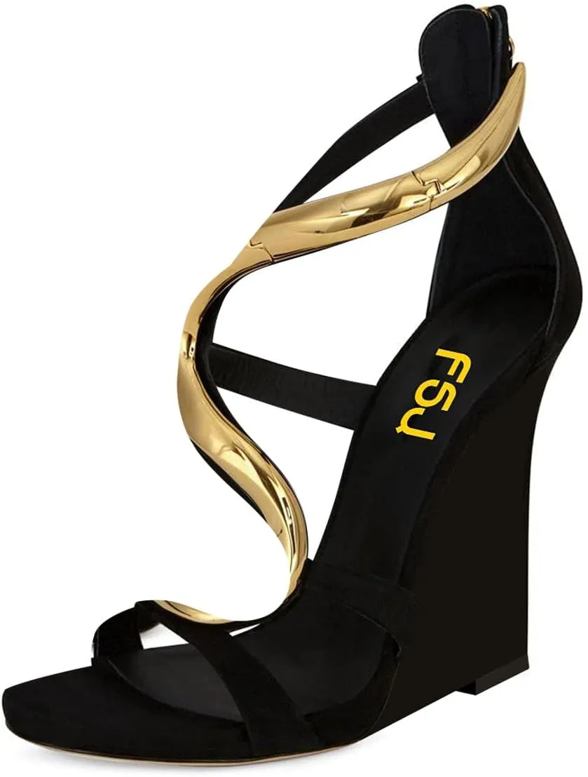 FSJ Women Open Toe Wedge Heel Sandals Metallic S Embellishment Back Zipper Strappy Party Prom Evening Shoes Size 4-16 US