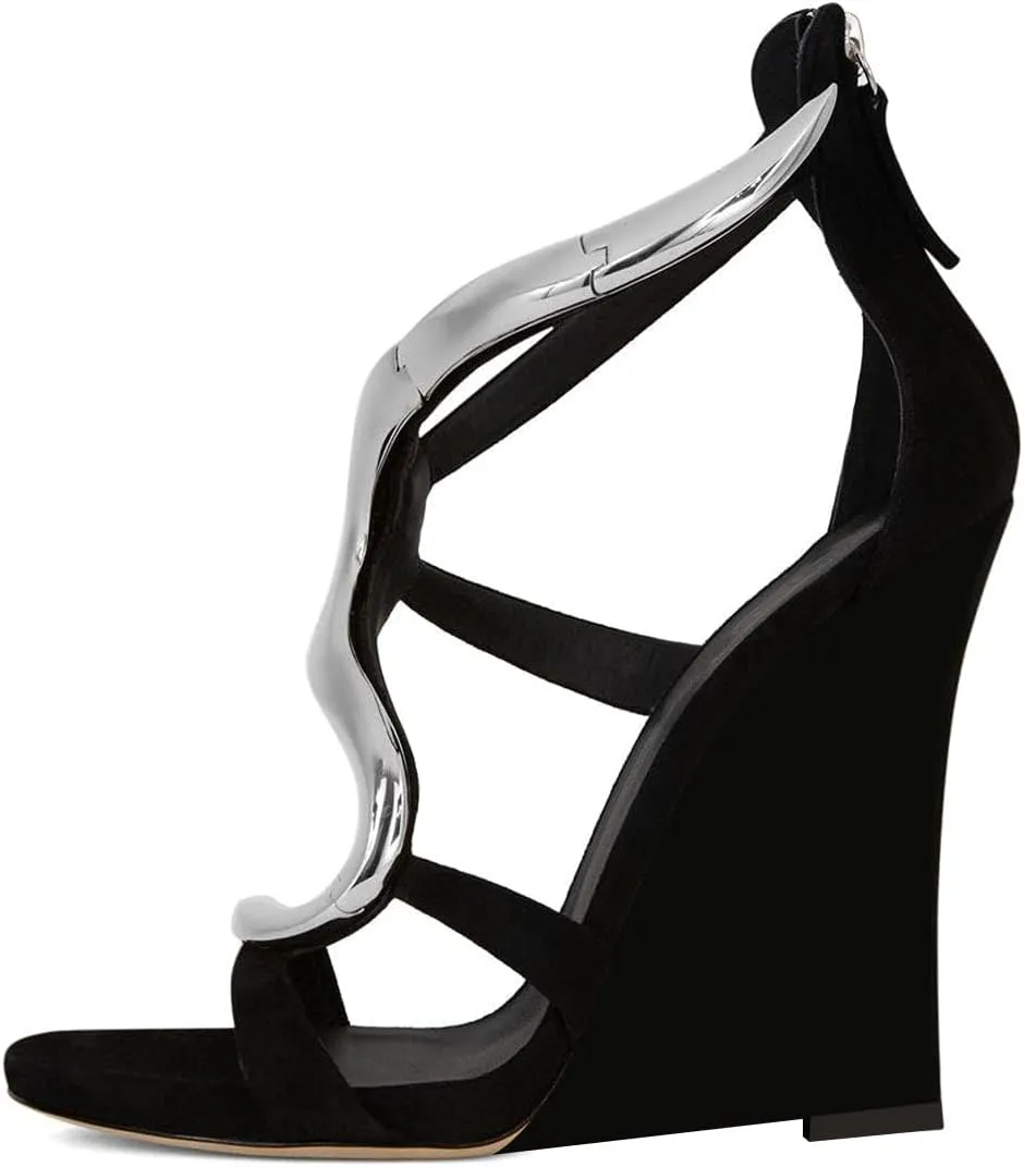 FSJ Women Open Toe Wedge Heel Sandals Metallic S Embellishment Back Zipper Strappy Party Prom Evening Shoes Size 4-16 US