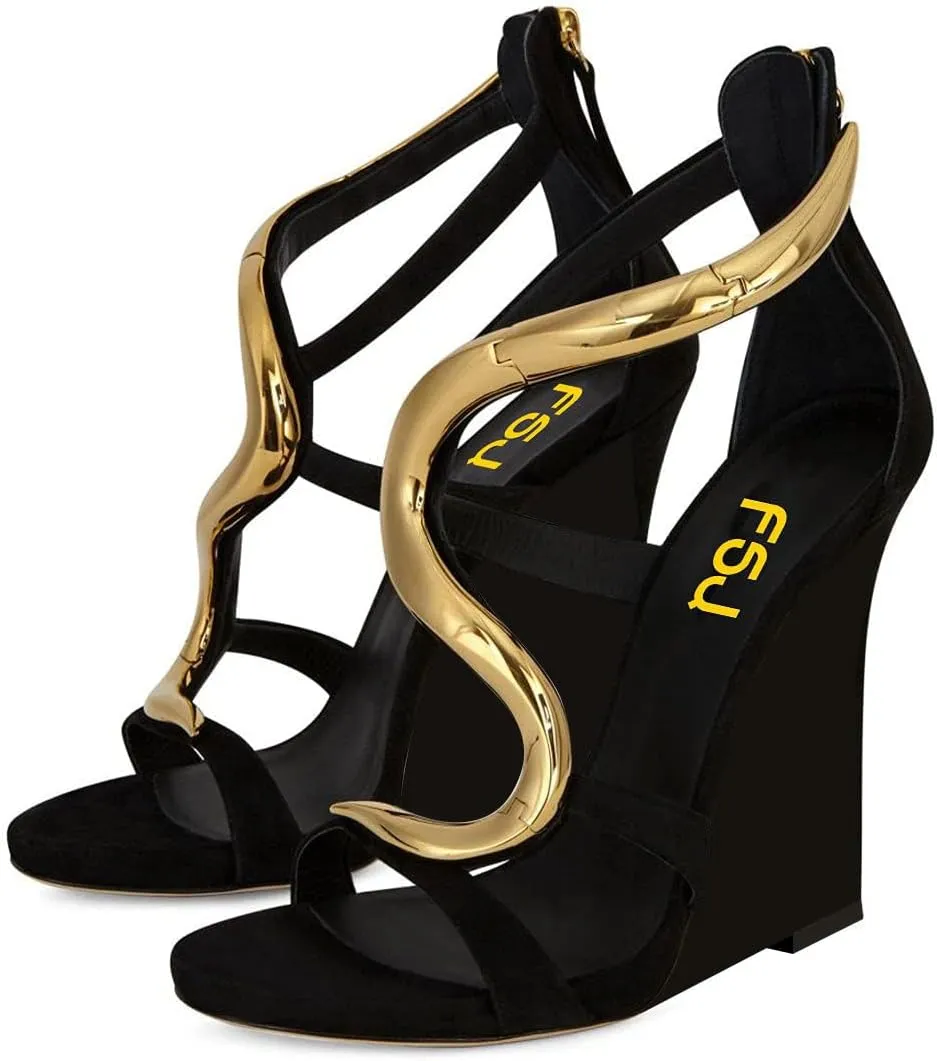 FSJ Women Open Toe Wedge Heel Sandals Metallic S Embellishment Back Zipper Strappy Party Prom Evening Shoes Size 4-16 US