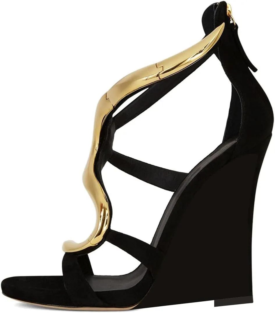 FSJ Women Open Toe Wedge Heel Sandals Metallic S Embellishment Back Zipper Strappy Party Prom Evening Shoes Size 4-16 US