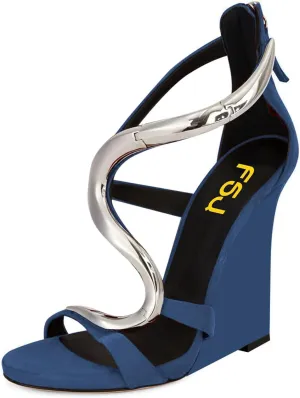 FSJ Women Open Toe Wedge Heel Sandals Metallic S Embellishment Back Zipper Strappy Party Prom Evening Shoes Size 4-16 US