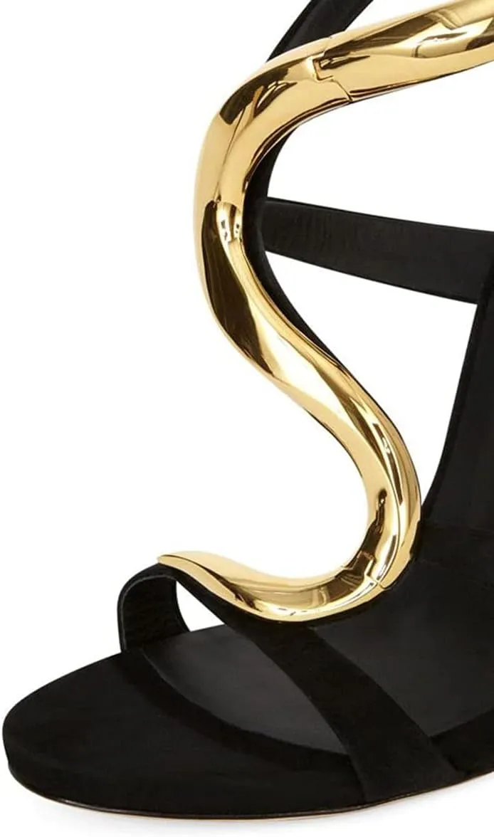FSJ Women Open Toe Wedge Heel Sandals Metallic S Embellishment Back Zipper Strappy Party Prom Evening Shoes Size 4-16 US