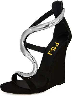 FSJ Women Open Toe Wedge Heel Sandals Metallic S Embellishment Back Zipper Strappy Party Prom Evening Shoes Size 4-16 US