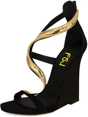 FSJ Women Open Toe Wedge Heel Sandals Metallic S Embellishment Back Zipper Strappy Party Prom Evening Shoes Size 4-16 US