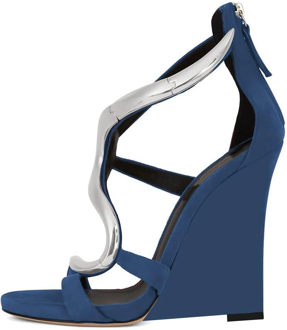 FSJ Women Open Toe Wedge Heel Sandals Metallic S Embellishment Back Zipper Strappy Party Prom Evening Shoes Size 4-16 US