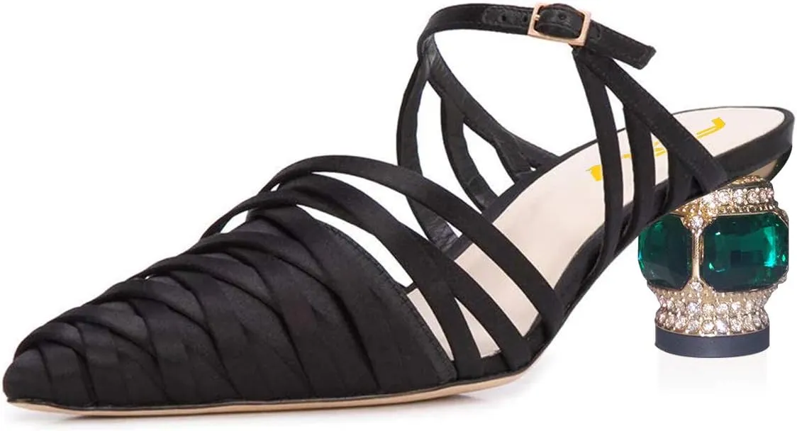 FSJ Women Strappy Crystal Mid Heel Sandals Pointed Toe Slip On Mule Pumps Cutout Chic Shoes