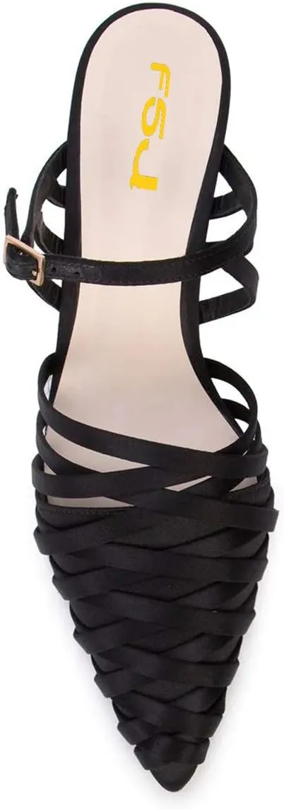 FSJ Women Strappy Crystal Mid Heel Sandals Pointed Toe Slip On Mule Pumps Cutout Chic Shoes