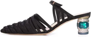 FSJ Women Strappy Crystal Mid Heel Sandals Pointed Toe Slip On Mule Pumps Cutout Chic Shoes