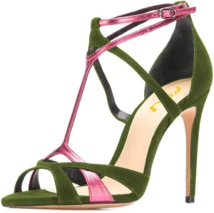 FSJ Women Strappy Pointed Peep Toe Stiletto High Heel T Strap Summer Dress Sandal Ladies Shoes Size 4-15 US