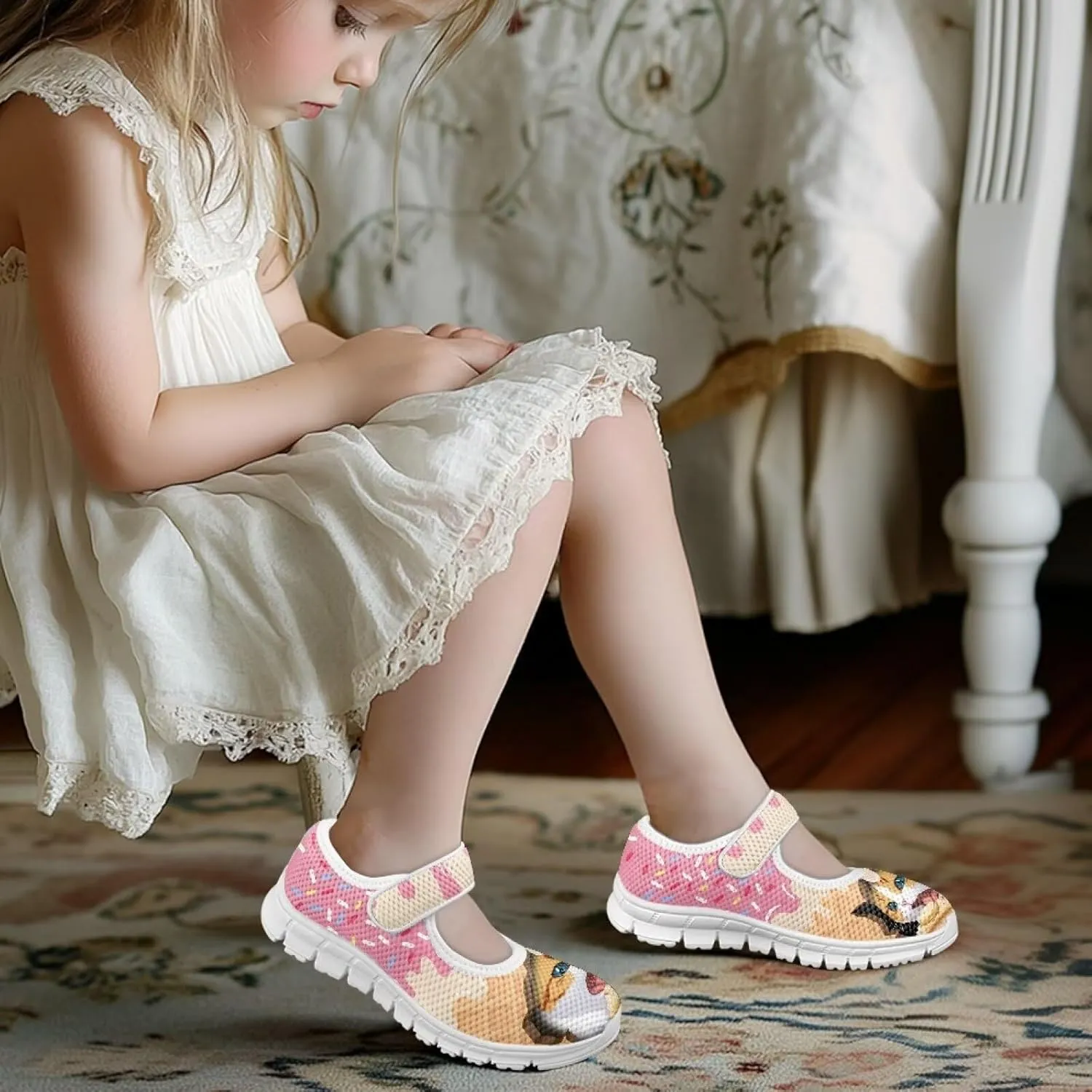 Girls Casual Shoes with Strap,Printed Sneaker for Toddlers Kids,Comfort Anti-Slip Walking Shoes for Indoor Outdoor