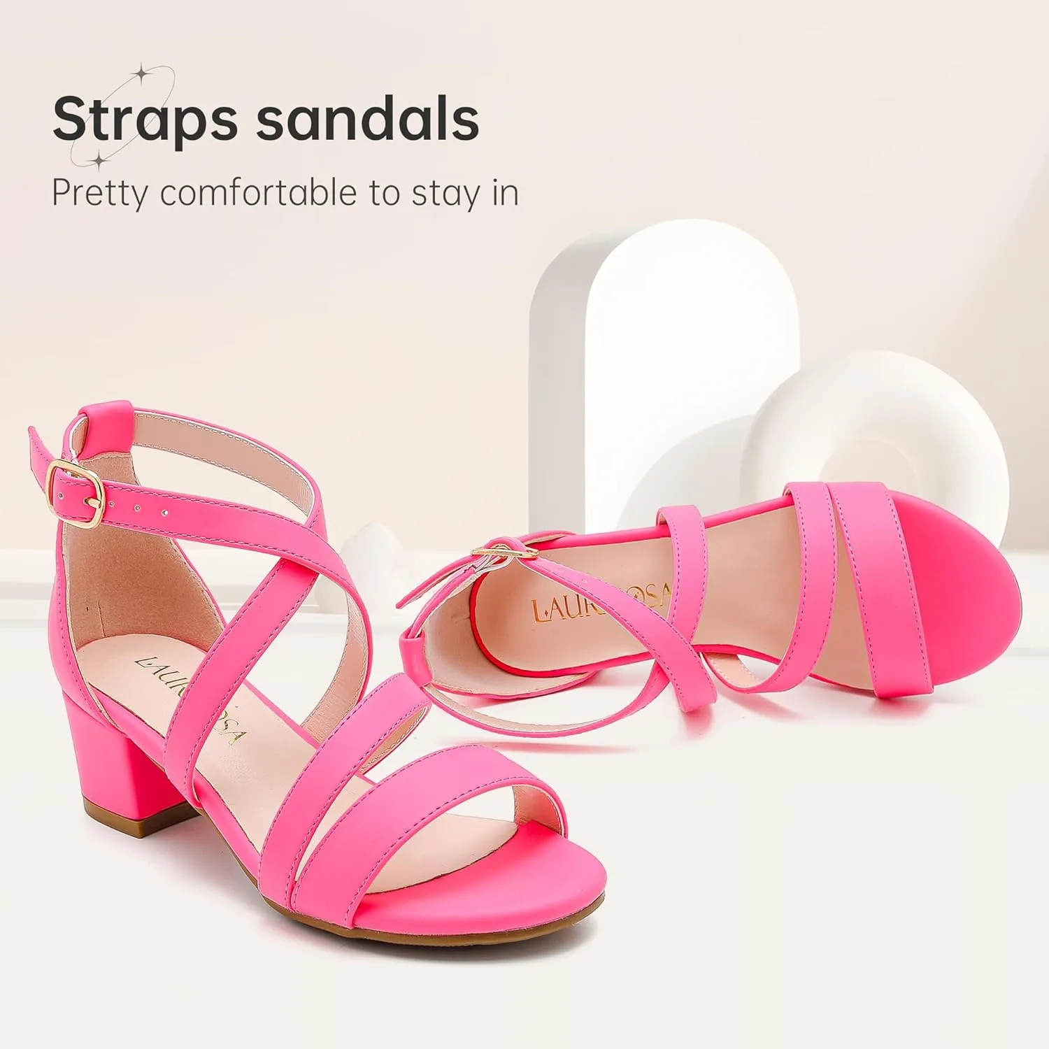 Girls Sandals Chunky High Heel Strappy Open Toe Ankle Strap Dress Shoes for Little Big Kids in Wedding Party