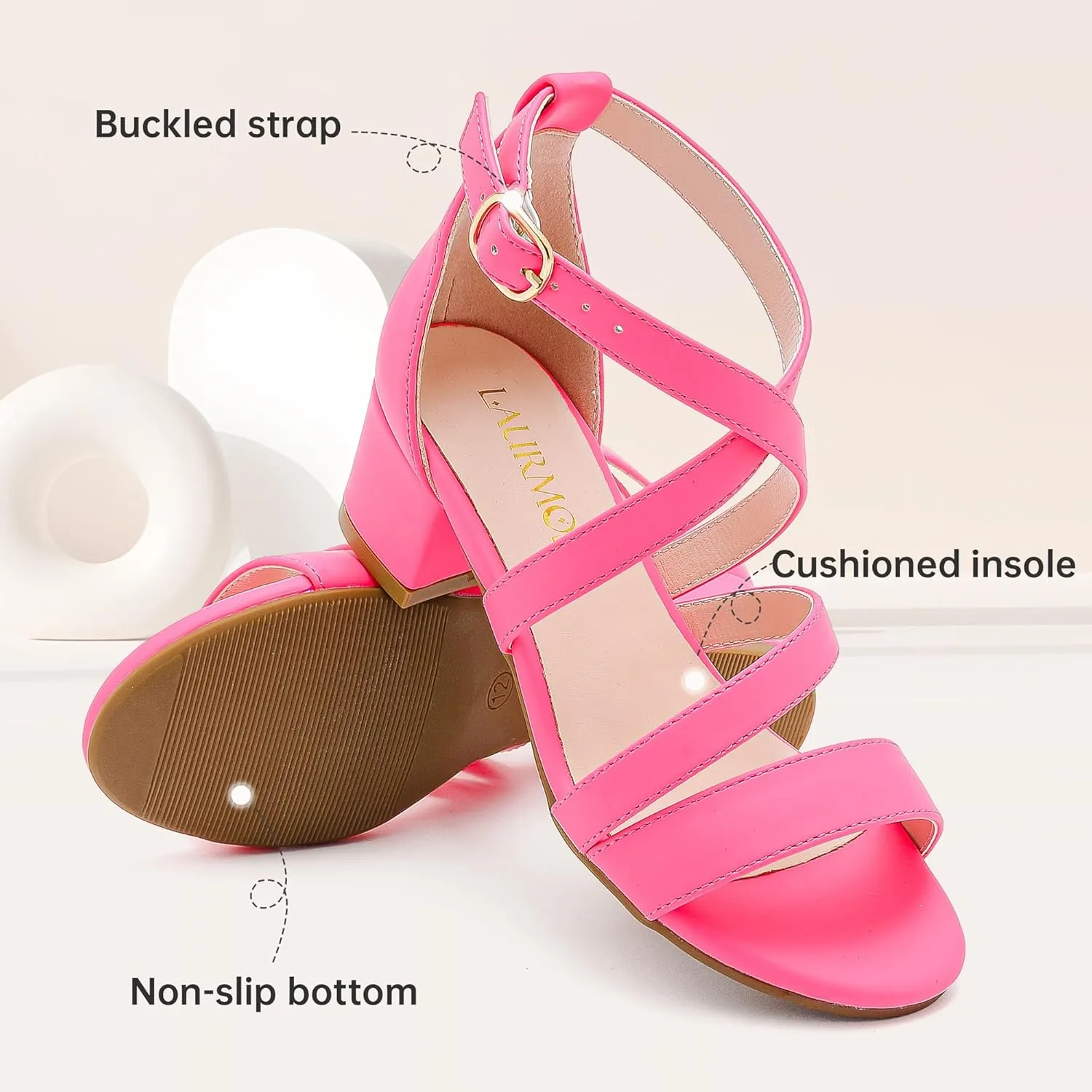 Girls Sandals Chunky High Heel Strappy Open Toe Ankle Strap Dress Shoes for Little Big Kids in Wedding Party