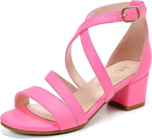 Girls Sandals Chunky High Heel Strappy Open Toe Ankle Strap Dress Shoes for Little Big Kids in Wedding Party