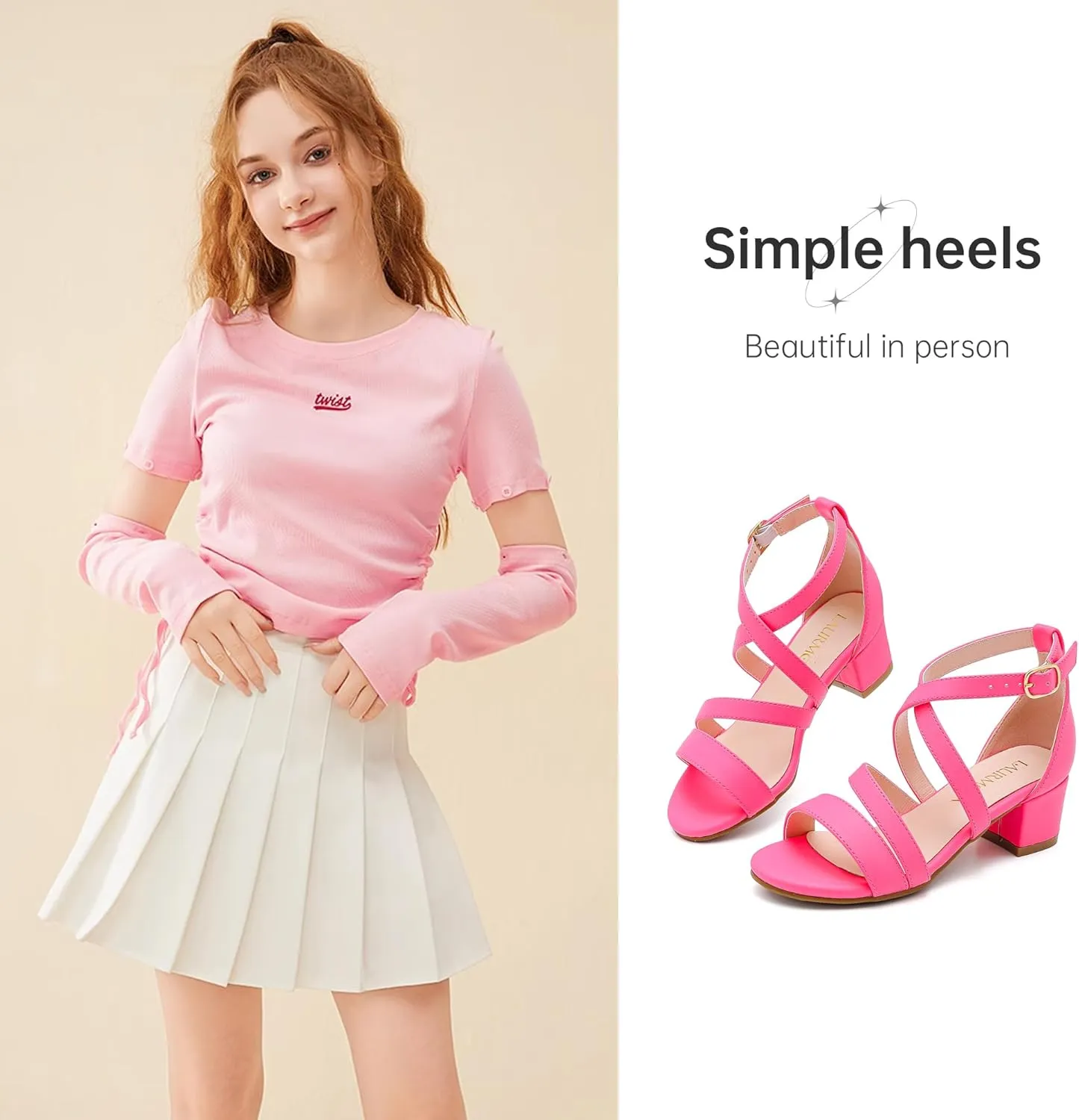 Girls Sandals Chunky High Heel Strappy Open Toe Ankle Strap Dress Shoes for Little Big Kids in Wedding Party