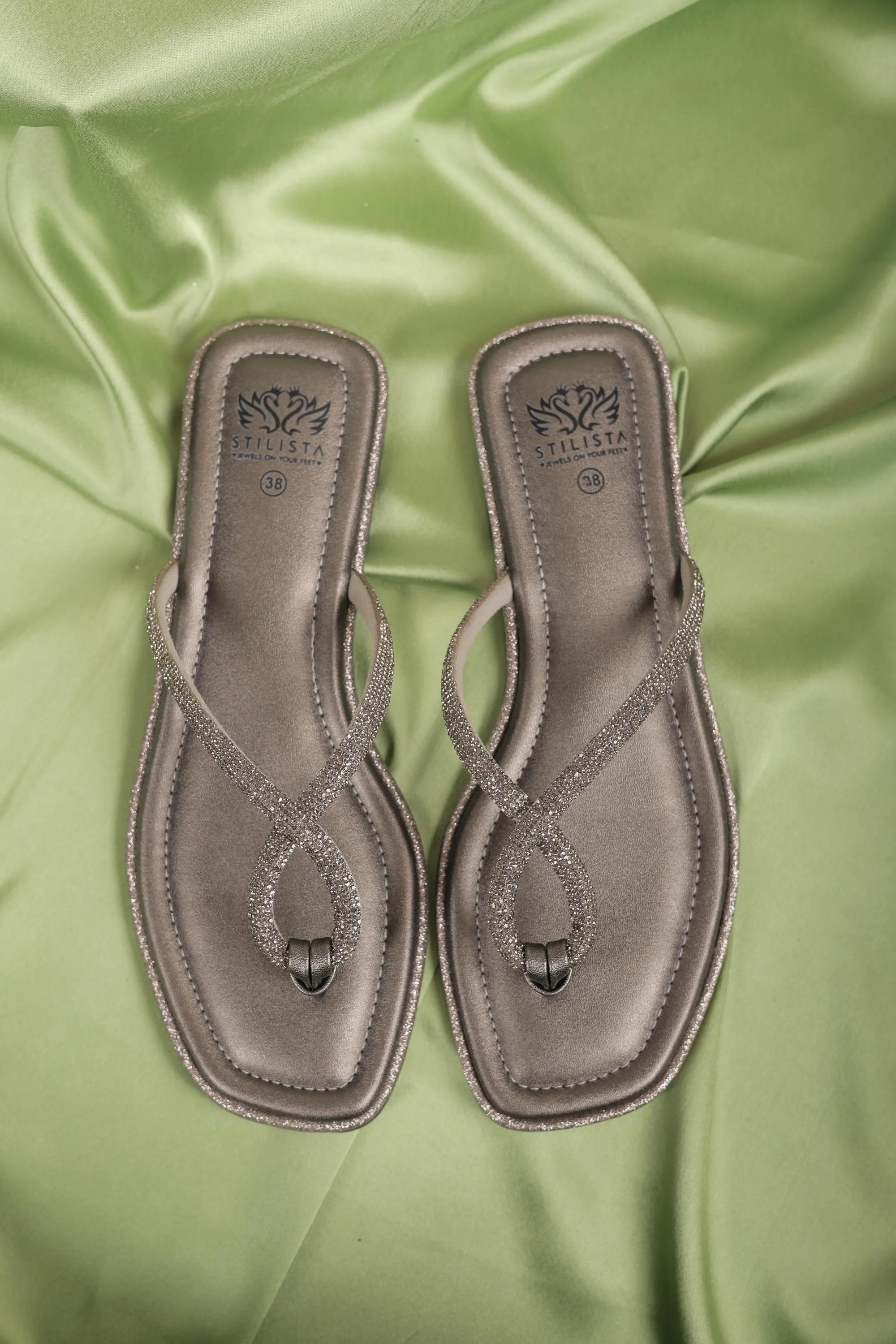 Gunmetal cross strap slide in flats