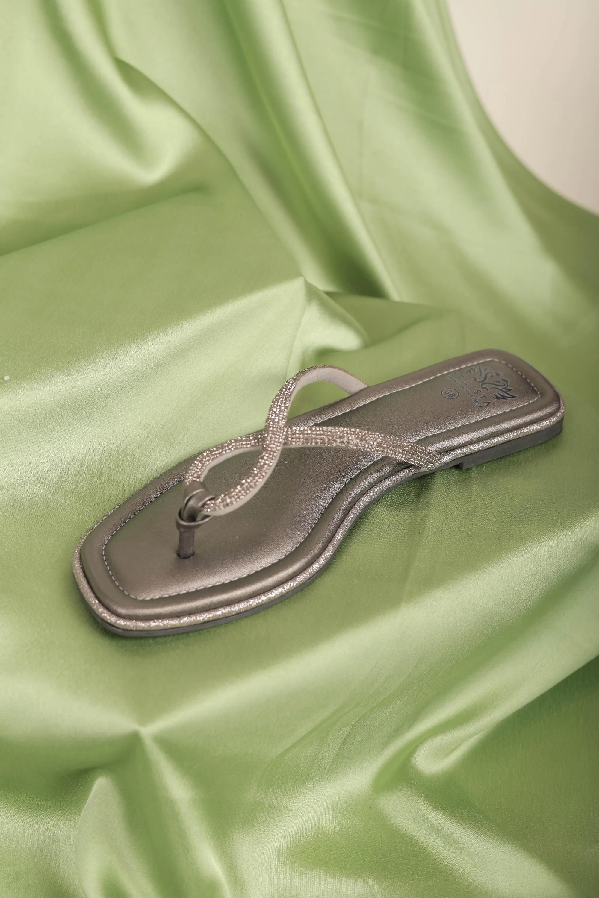Gunmetal cross strap slide in flats