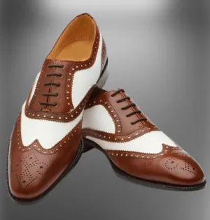 Handmade Brown and White Leather Brogue Dress Shoes