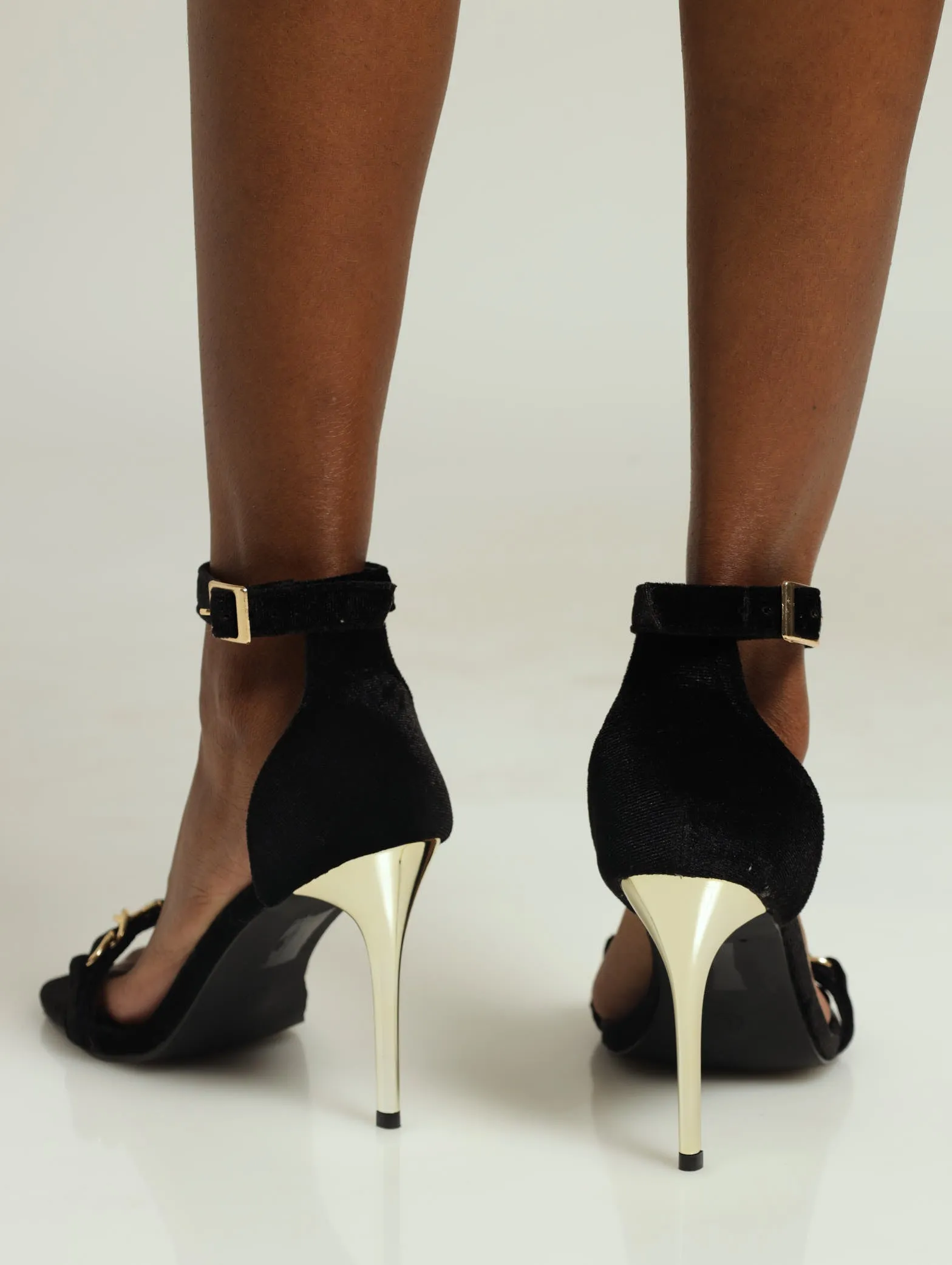Hi Stiletto Mule Heel With Gold Trim & Ankle Buckle - Black
