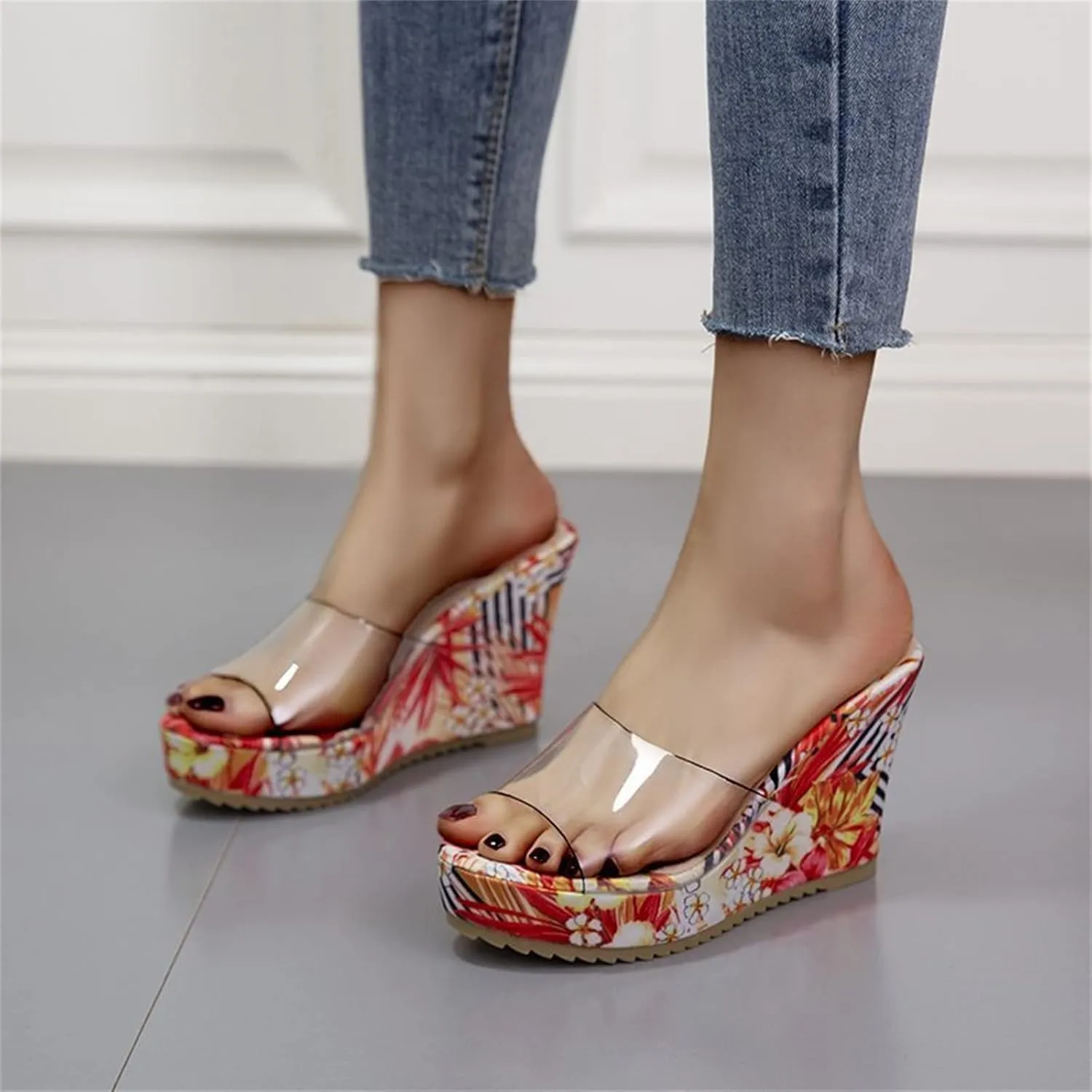 HINDOLA Sandals for Women High Heel Backless Wedge Slippers Summer Peep Toe Stylish Platform Wedge Sandals