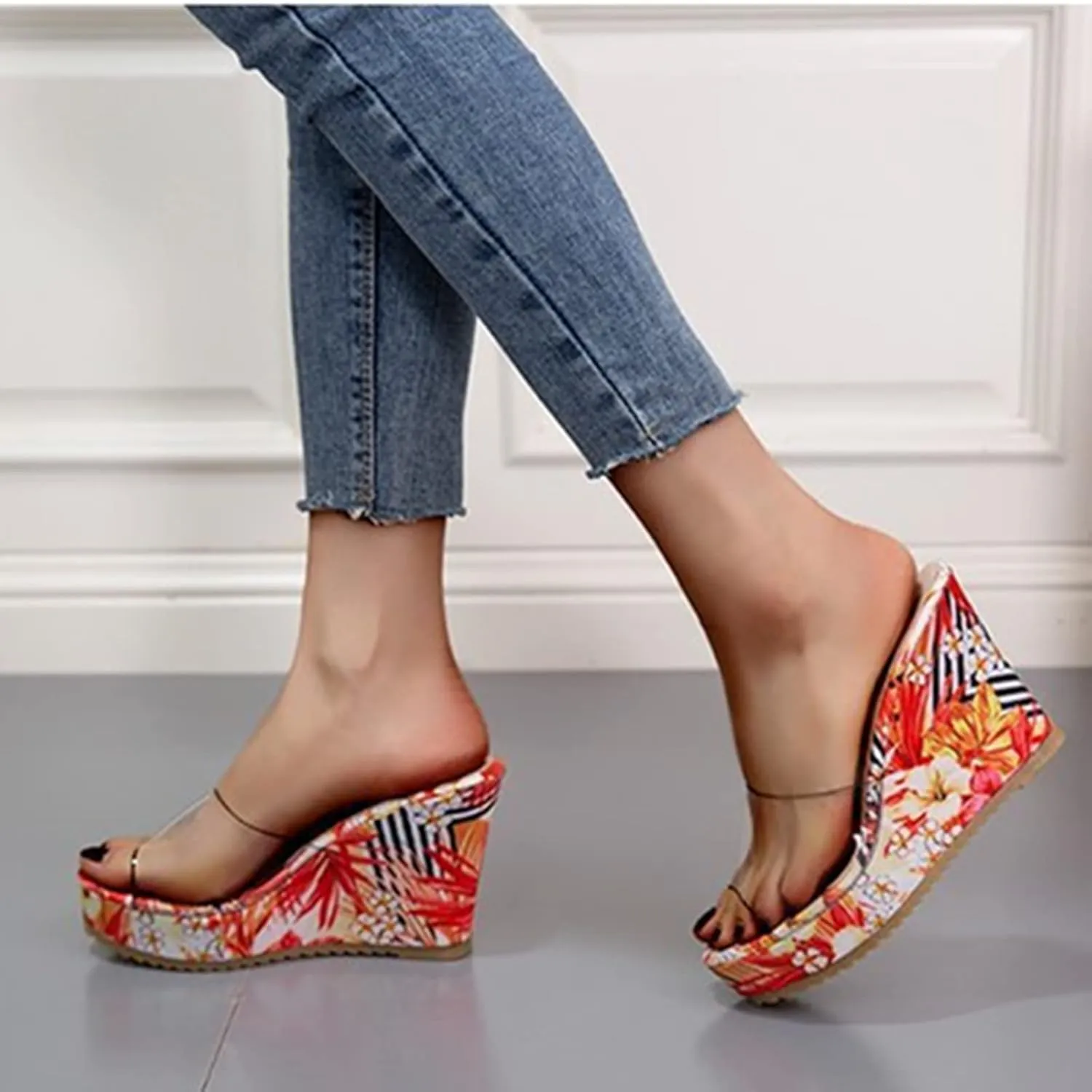 HINDOLA Sandals for Women High Heel Backless Wedge Slippers Summer Peep Toe Stylish Platform Wedge Sandals
