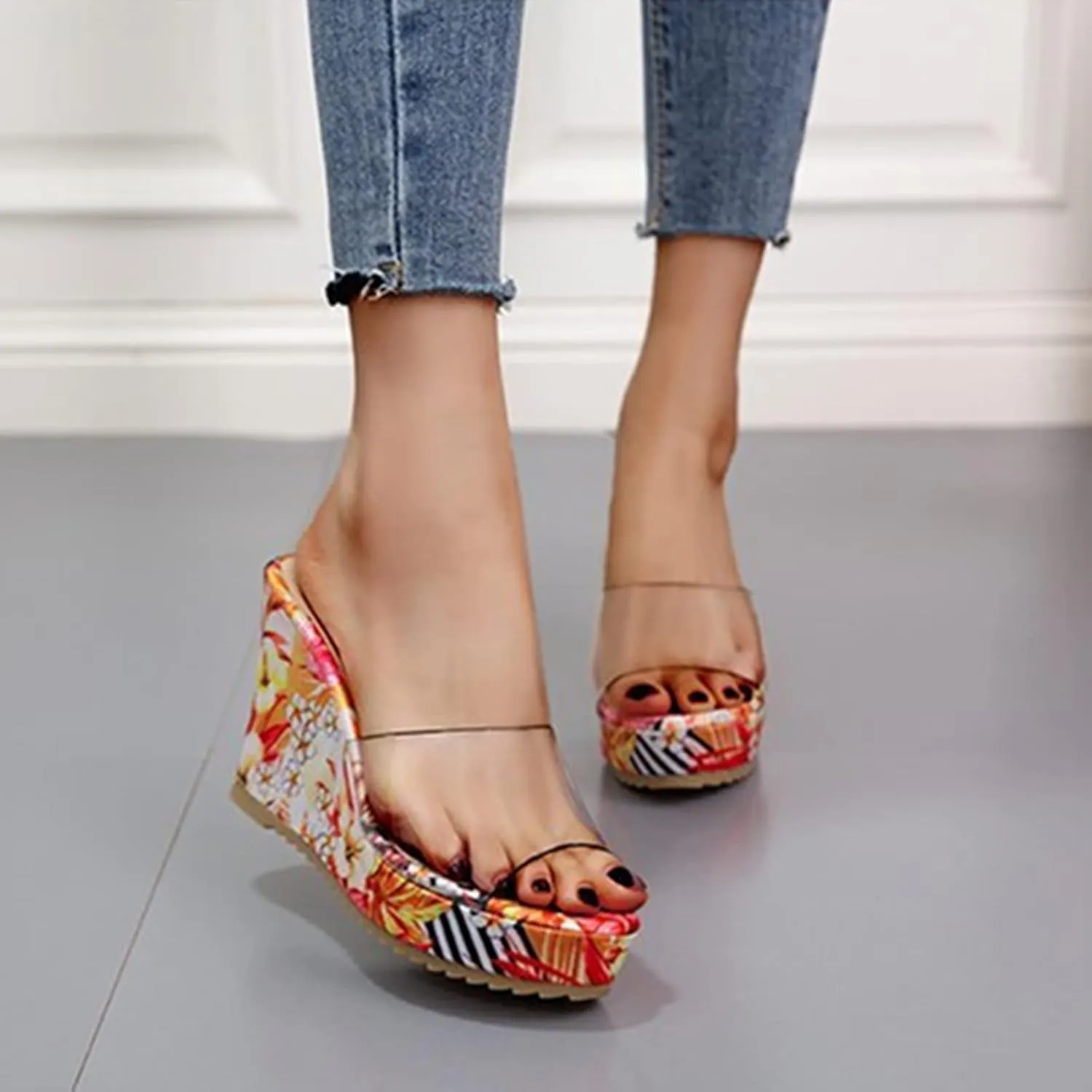HINDOLA Sandals for Women High Heel Backless Wedge Slippers Summer Peep Toe Stylish Platform Wedge Sandals