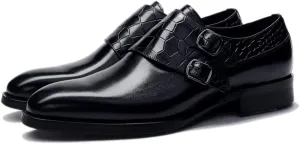 HOOENG Dress Oxford for Men Slip on Double Monk Strap Crocodile Brocaded Round Toe Cowhide Low Top Block Heel Slip Resistant Walk (Color : Black, Size : 13)