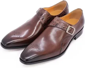 HOOENG Dress Oxford for Men Slip on Monk Strap Breathable Square Toe Cowhide Block Heel Non Slip Tolerant Rubber Sole Low Top Superficial (Color : Brown, Size : 11)