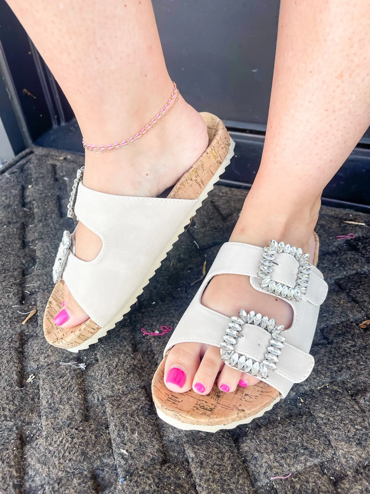 Jamie Rhinestone Slide Sandal - Stone
