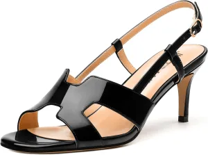 JUSTDANNI Women Slingback Strappy Dress Sandals Square Open Toe Patent Heeled Sandals Low kitten Heels for Women Comfortable Casual