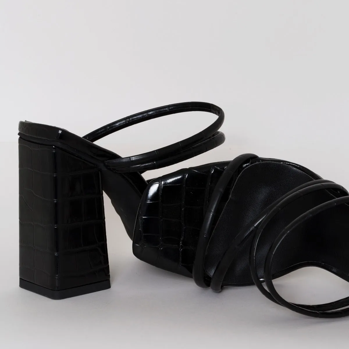 Kamilla Black Croc Print Strappy Mules