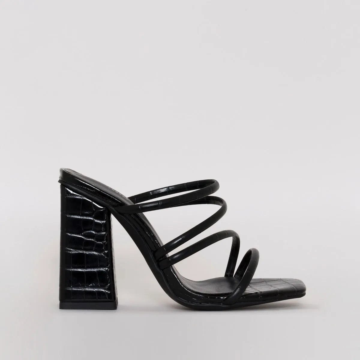 Kamilla Black Croc Print Strappy Mules