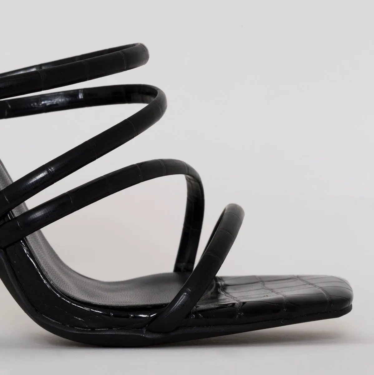 Kamilla Black Croc Print Strappy Mules