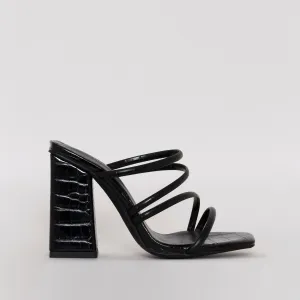 Kamilla Black Croc Print Strappy Mules