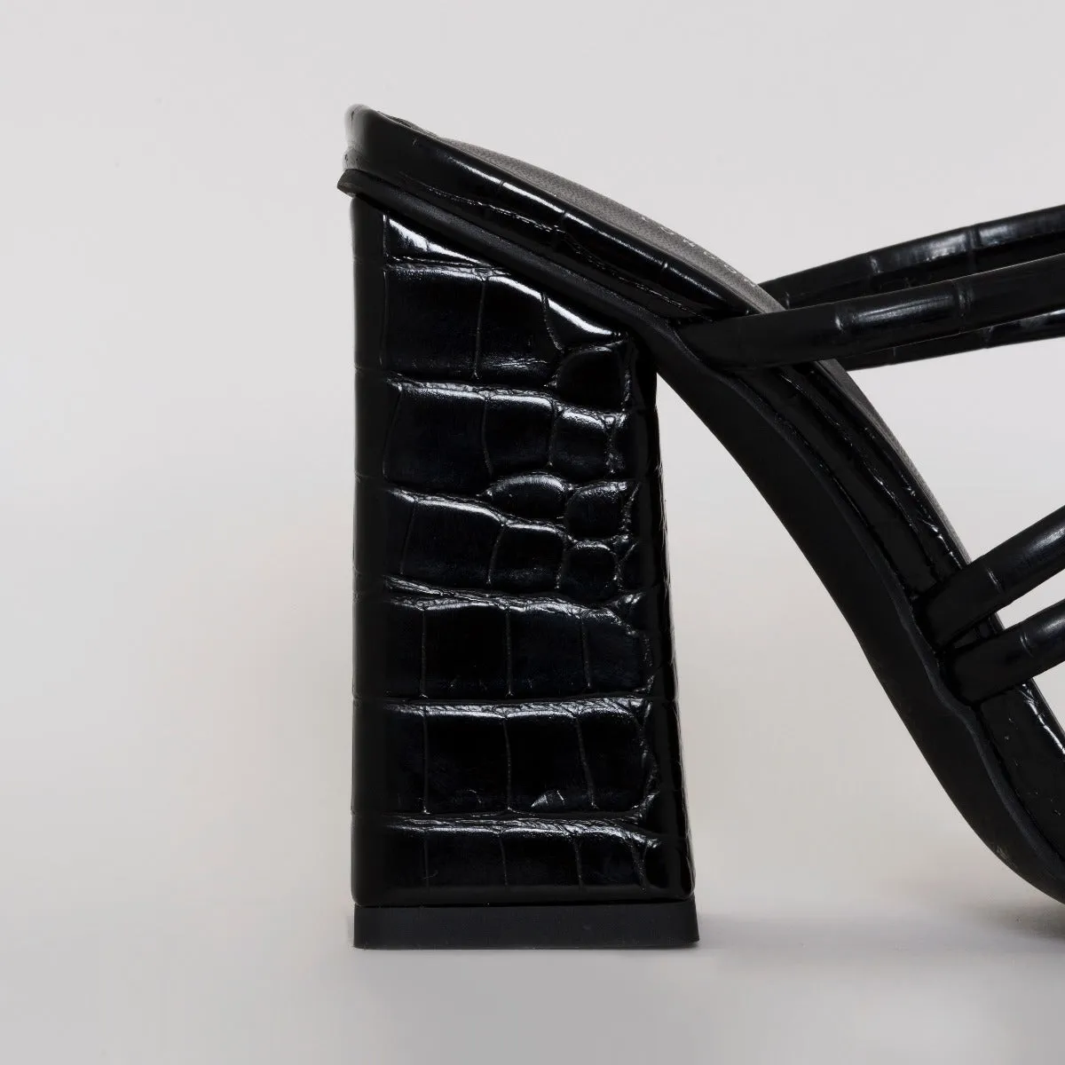 Kamilla Black Croc Print Strappy Mules