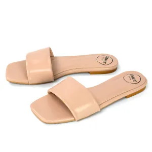 Kenna Flat Mule Strappy Square Toe Sandal Sliders For Summer in Nude Synthetic Leather