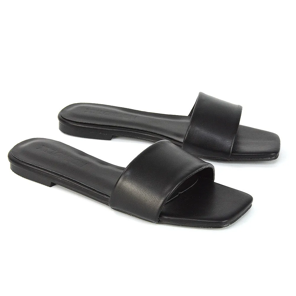Kenna Flat Mule Strappy Square Toe Sandal Sliders For Summer in Nude Synthetic Leather