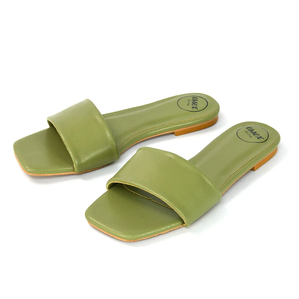 Kenna Flat Mule Strappy Square Toe Sandal Sliders in Green Synthetic Leather