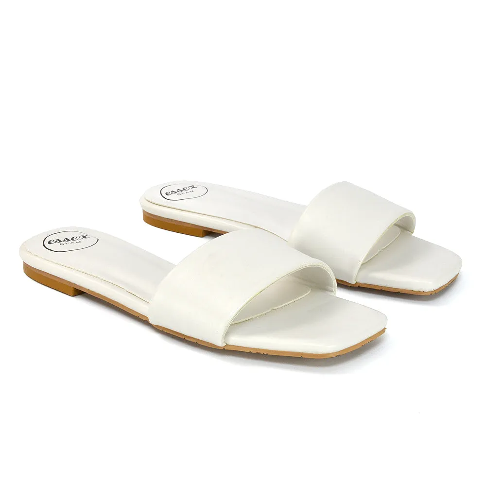 Kenna Flat Mule Strappy Square Toe Sandal Sliders in Green Synthetic Leather