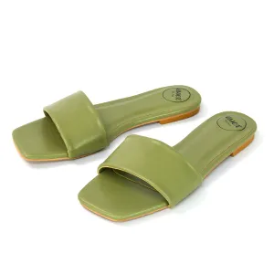 Kenna Flat Mule Strappy Square Toe Sandal Sliders in Green Synthetic Leather