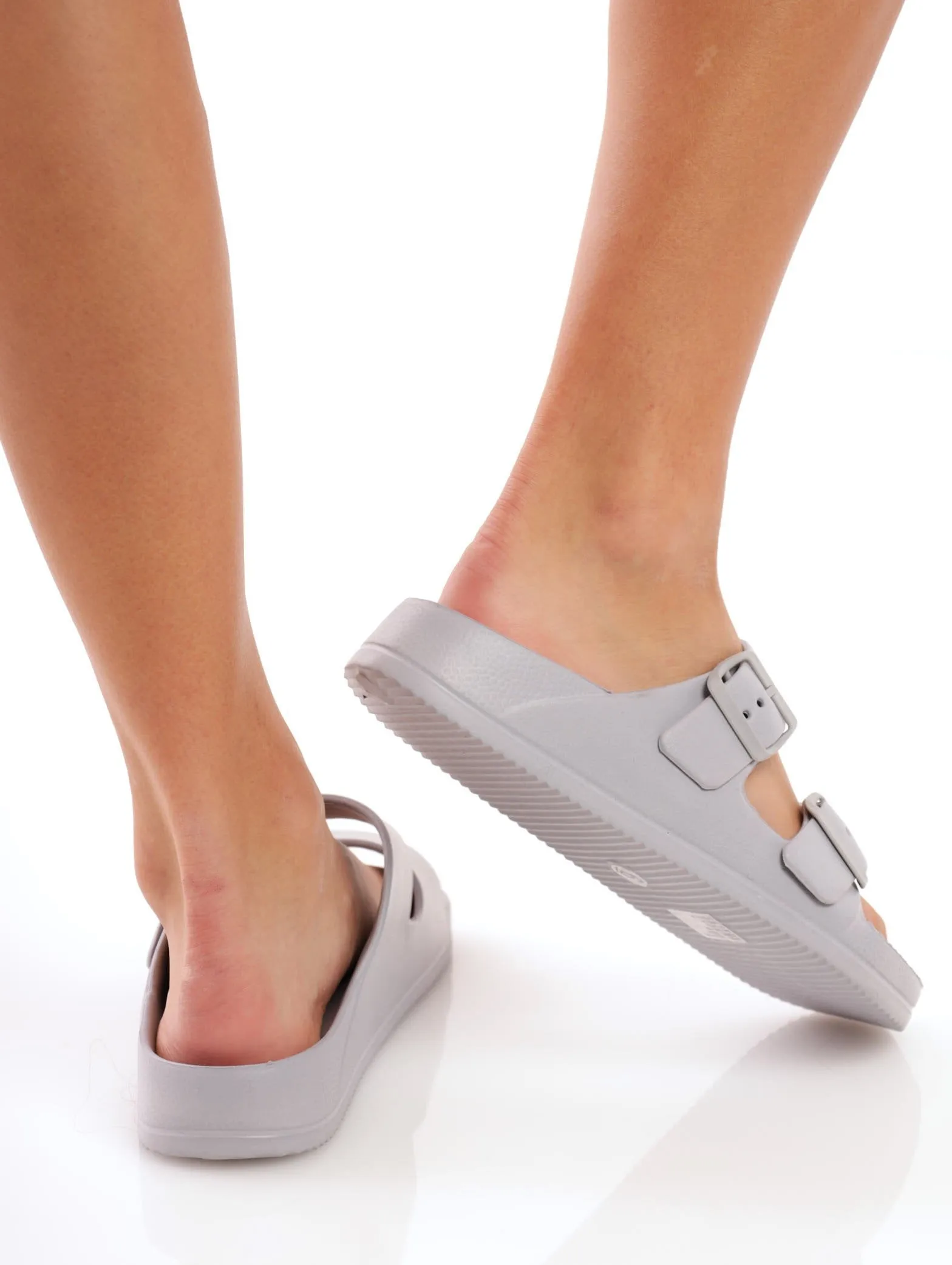 Ladies Double Buckle Strap Moulded Mule Sandal - Grey