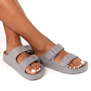 Ladies Double Buckle Strap Mule Sandal - Grey