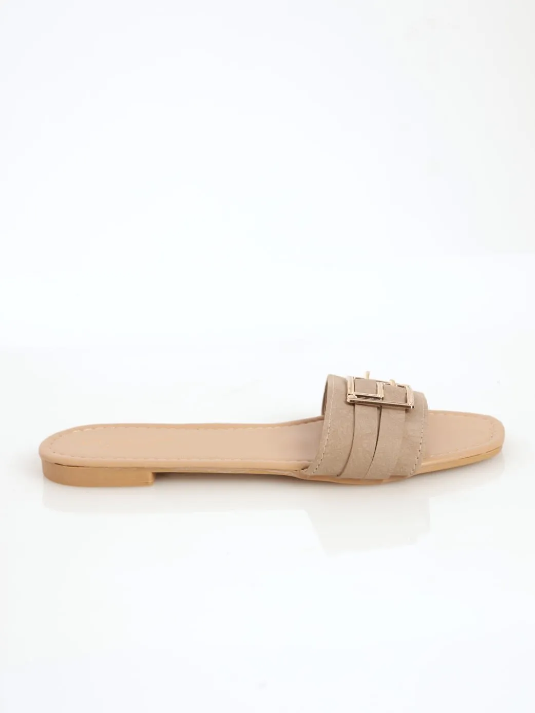 Ladies Mule Sandal With Detailed Buckle - Taupe