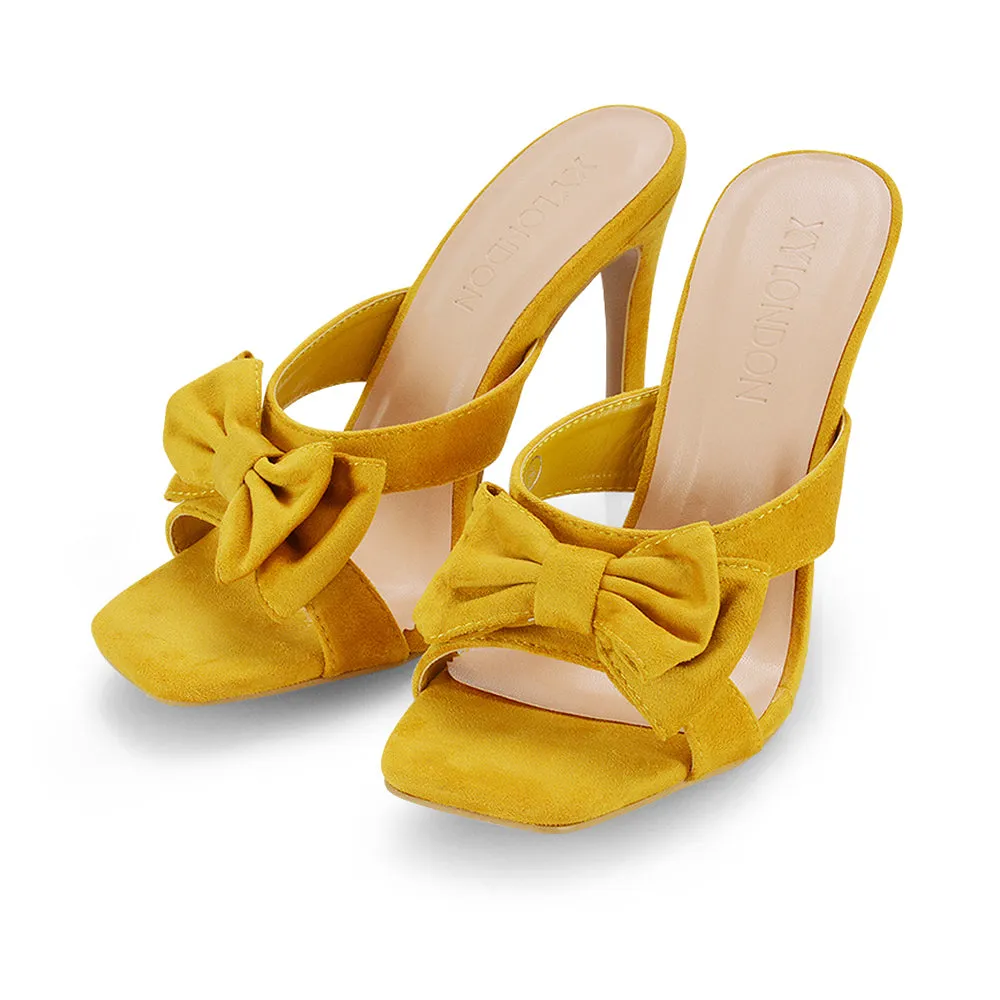 Larsa Bow Detail Square Toe Stiletto Slip on Mule Strappy Sandal Heels in Ivory