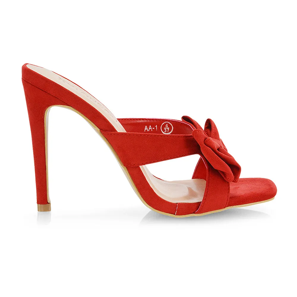 Larsa Bow Detail Square Toe Stiletto Slip on Mule Strappy Sandal Heels in Ivory