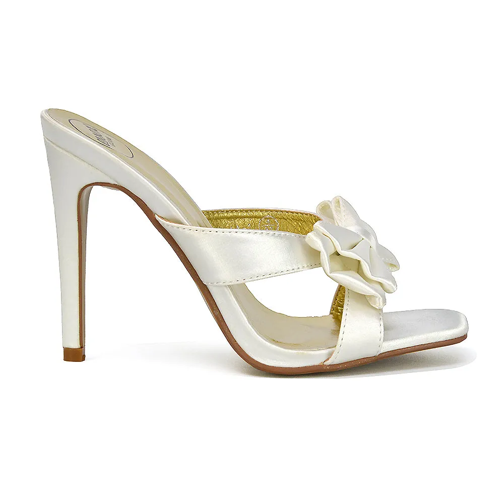 Larsa Bow Detail Square Toe Stiletto Slip on Mule Strappy Sandal Heels in Ivory