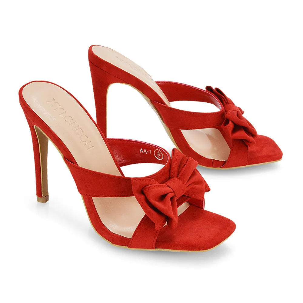 Larsa Bow Detail Square Toe Stiletto Slip on Mule Strappy Sandal Heels in Ivory
