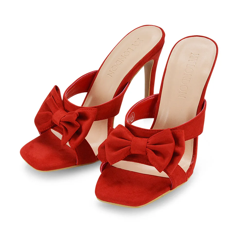 Larsa Bow Detail Square Toe Stiletto Slip on Mule Strappy Sandal Heels in Ivory