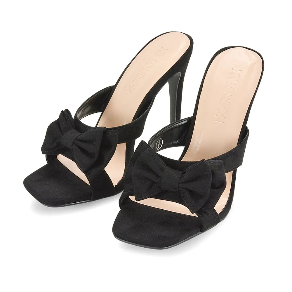 Larsa Bow Detail Square Toe Stiletto Slip on Mule Strappy Sandal Heels in Ivory