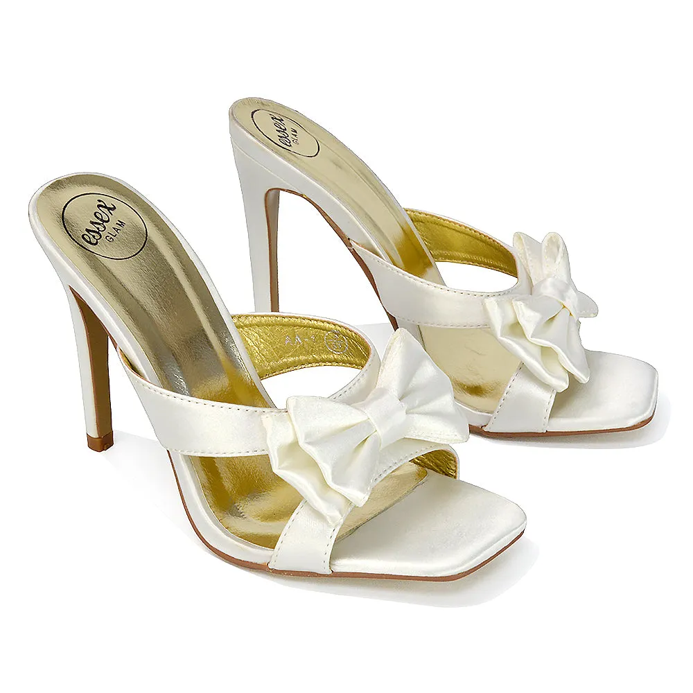 Larsa Bow Detail Square Toe Stiletto Slip on Mule Strappy Sandal Heels in Ivory