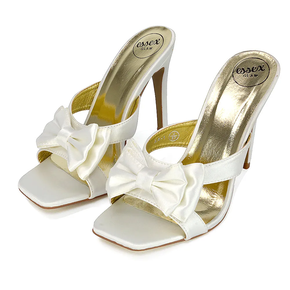 Larsa Bow Detail Square Toe Stiletto Slip on Mule Strappy Sandal Heels in Ivory